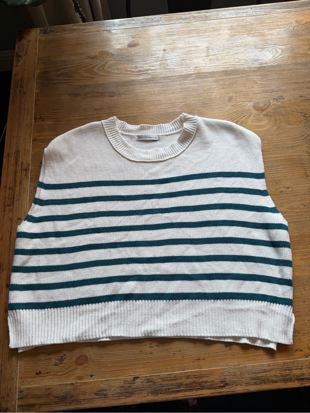 Zenana Cream Teal Blue Stripe Sleeveless Knit Sweater Vest Size L